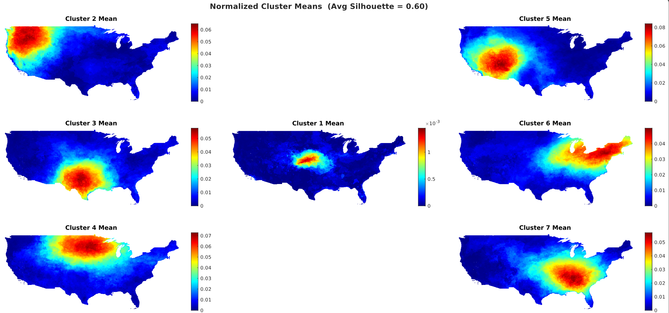 Normalized spatial cluster means for ConvAE-derived heatwave regimes across CONUS