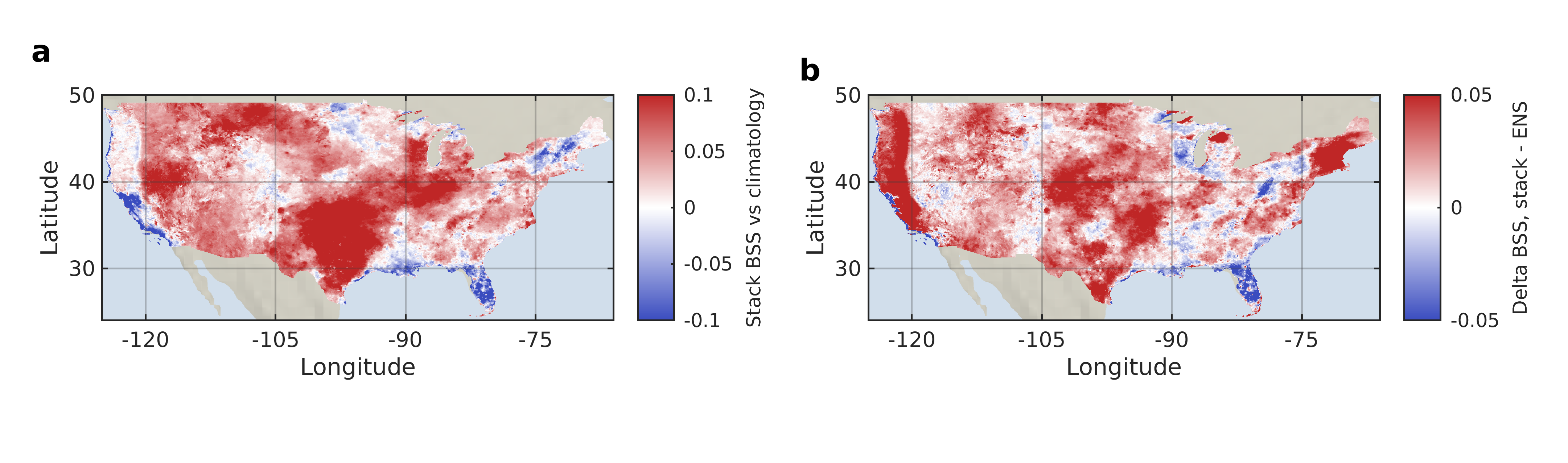 Spatial Brier Skill Score maps for HeatCast and HeatCast plus ENS over CONUS